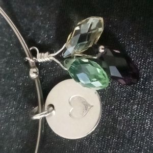 Stainless bangle bracelet crystal cut gems & heart accents charm